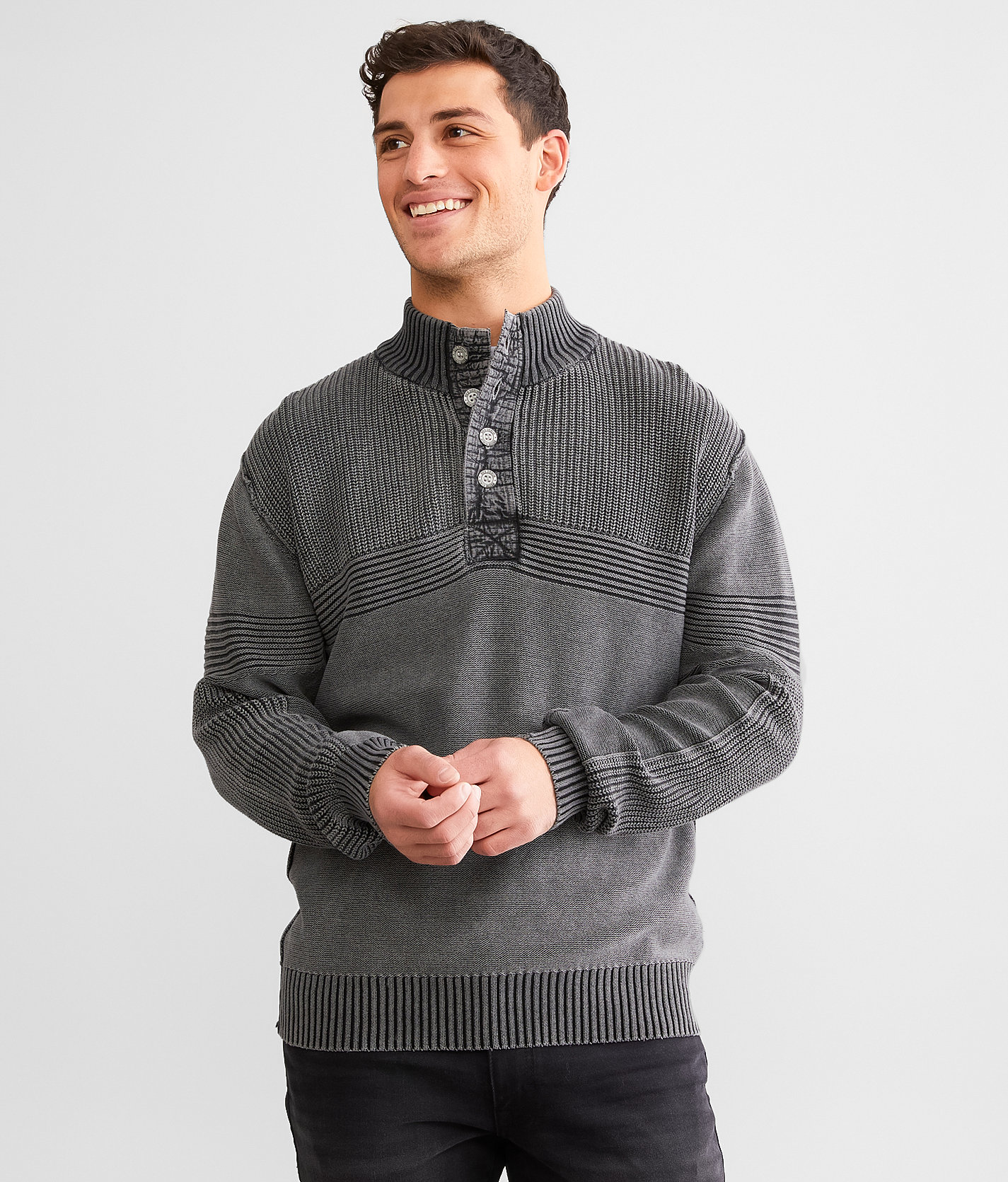 BKE Ribbed Henley Sweater - Men's Sweaters in Black White