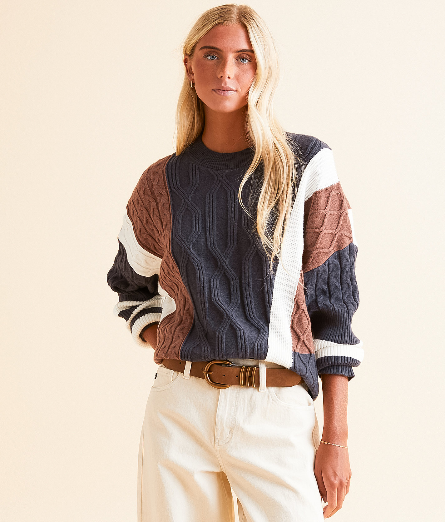 Gilded Intent Cable Knit Sweater - Women's Sweaters in Navy Cream Brwn