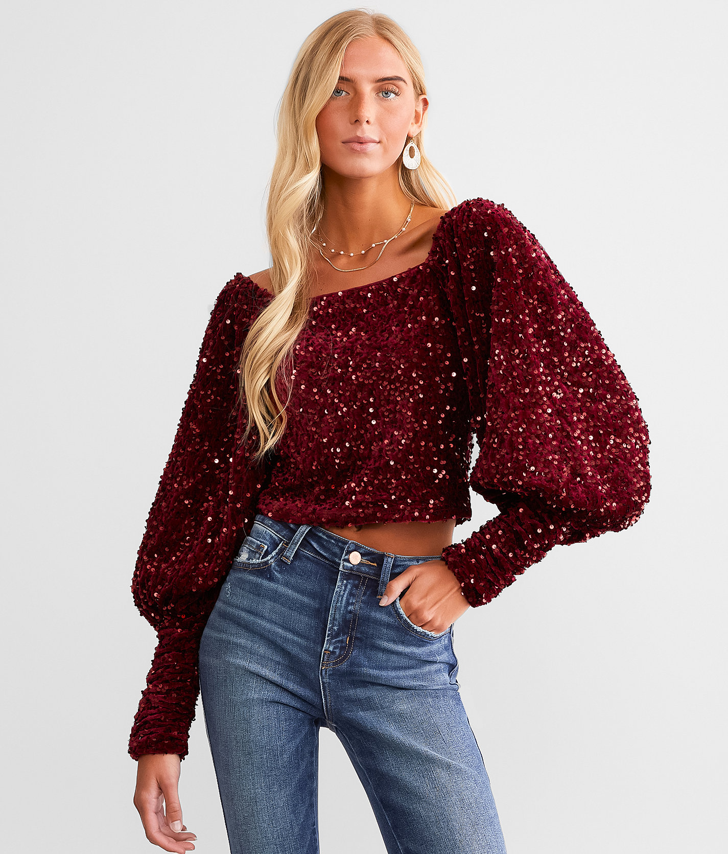 Willow & Root Sequin Velvet Cropped Top - Women's Shirts & Blouses in Burgundy