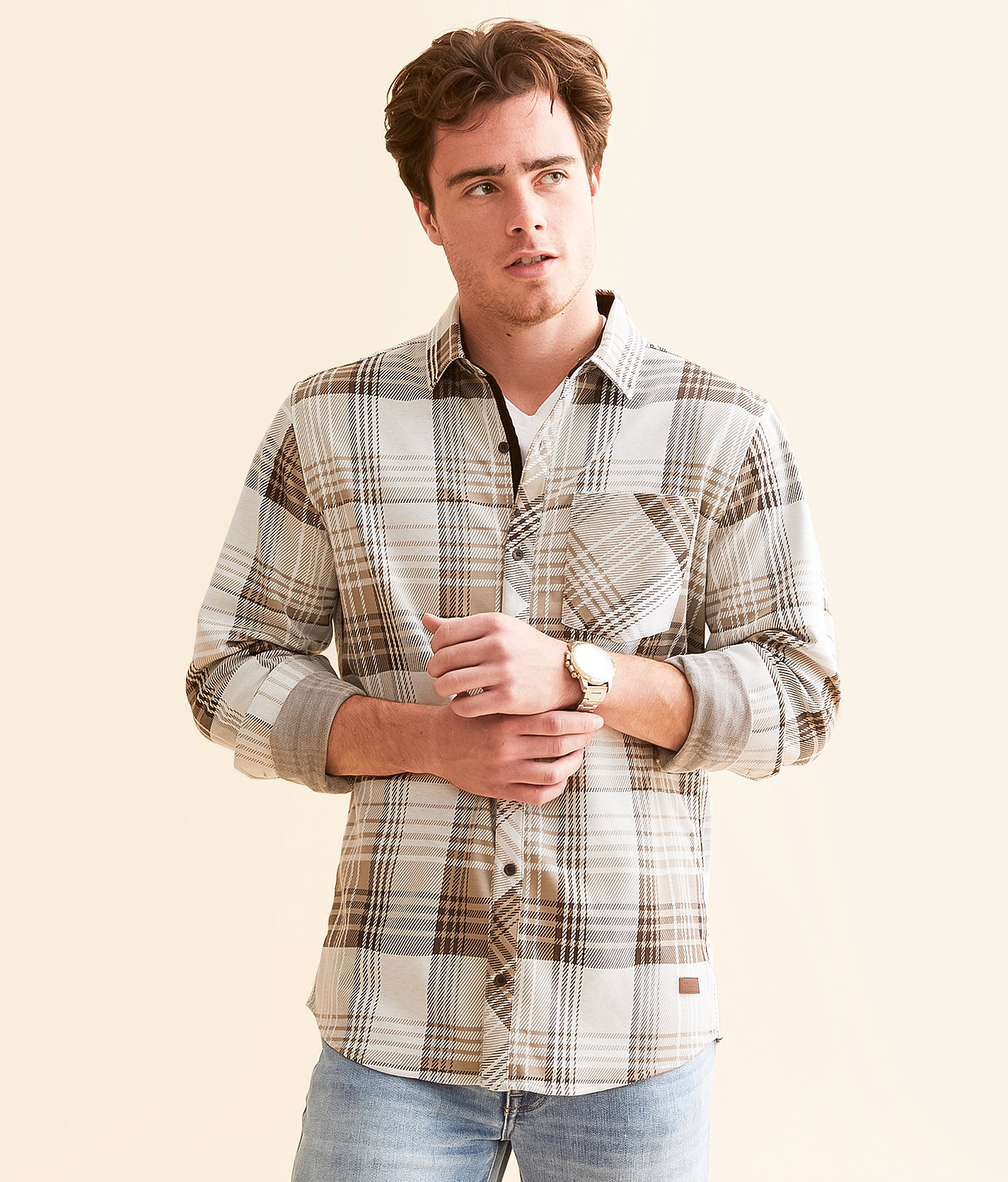 Outpost Makers Plaid Knit Standard Shirt - Men's Shirts in Tan Cream