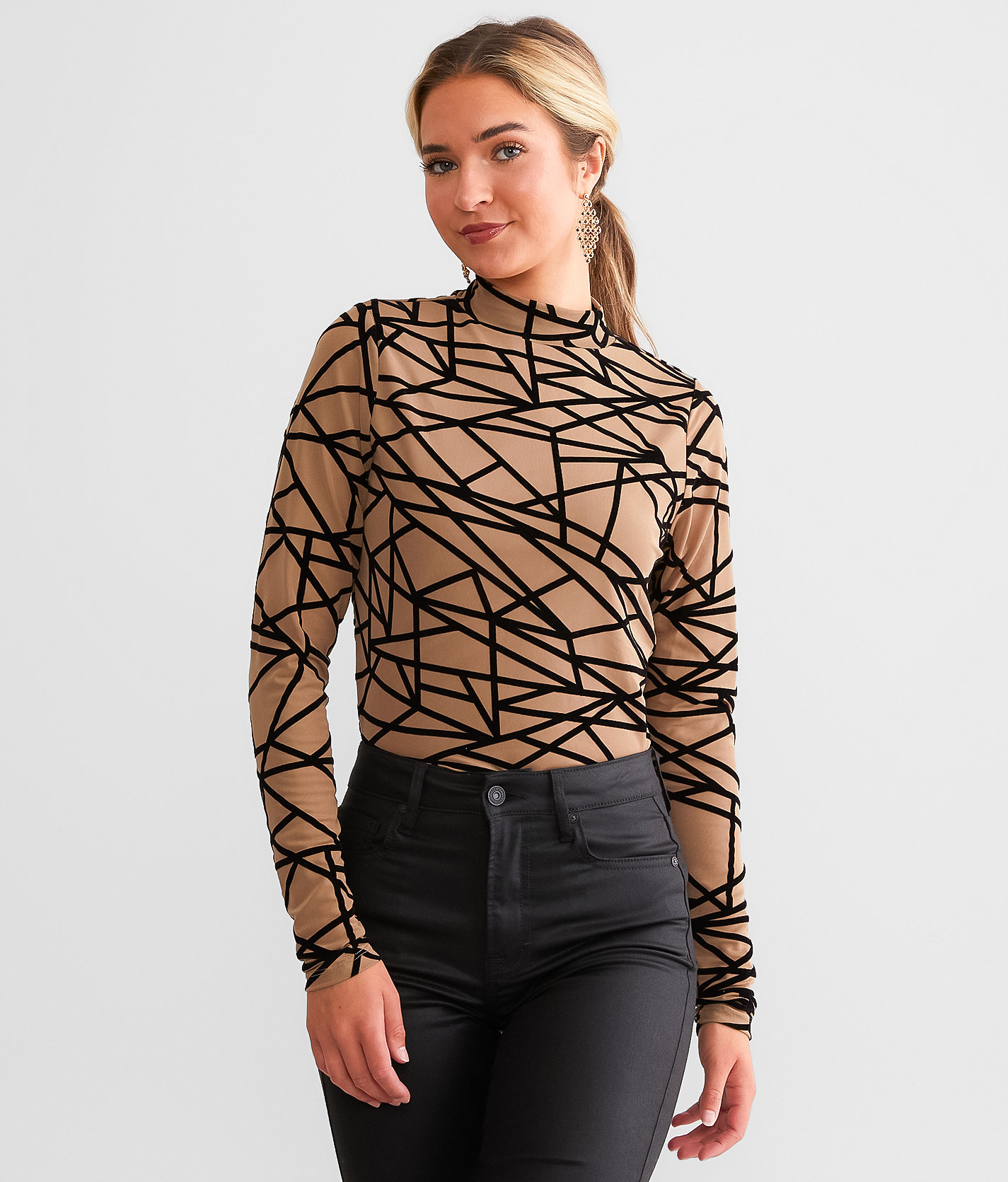 red by BKE Mock Neck Flocked Top - Women's Shirts & Blouses in Mocha Black