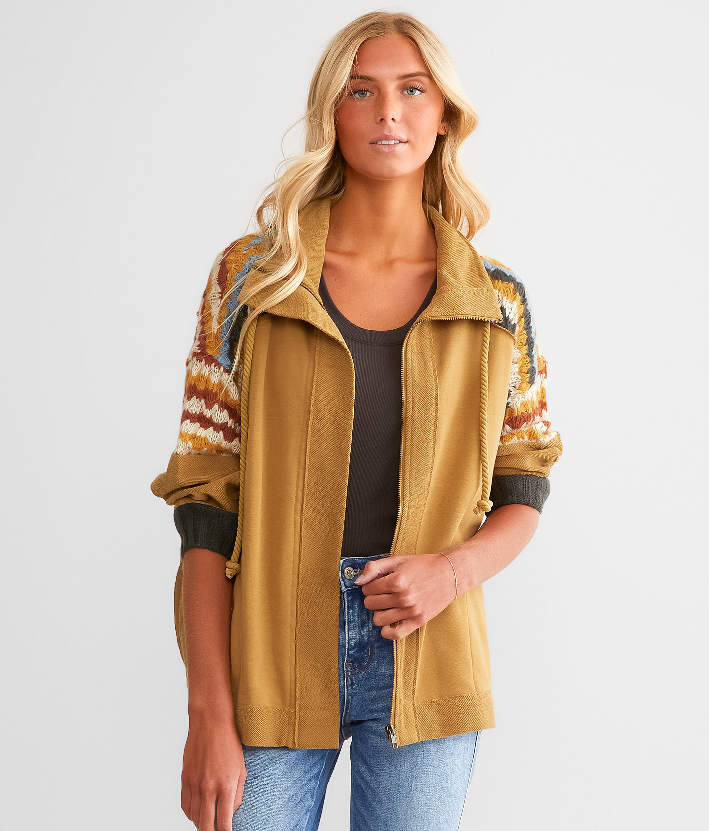 Miss Me Pieced Crochet Jacket - Women's Coats & Jackets in Camel Brown