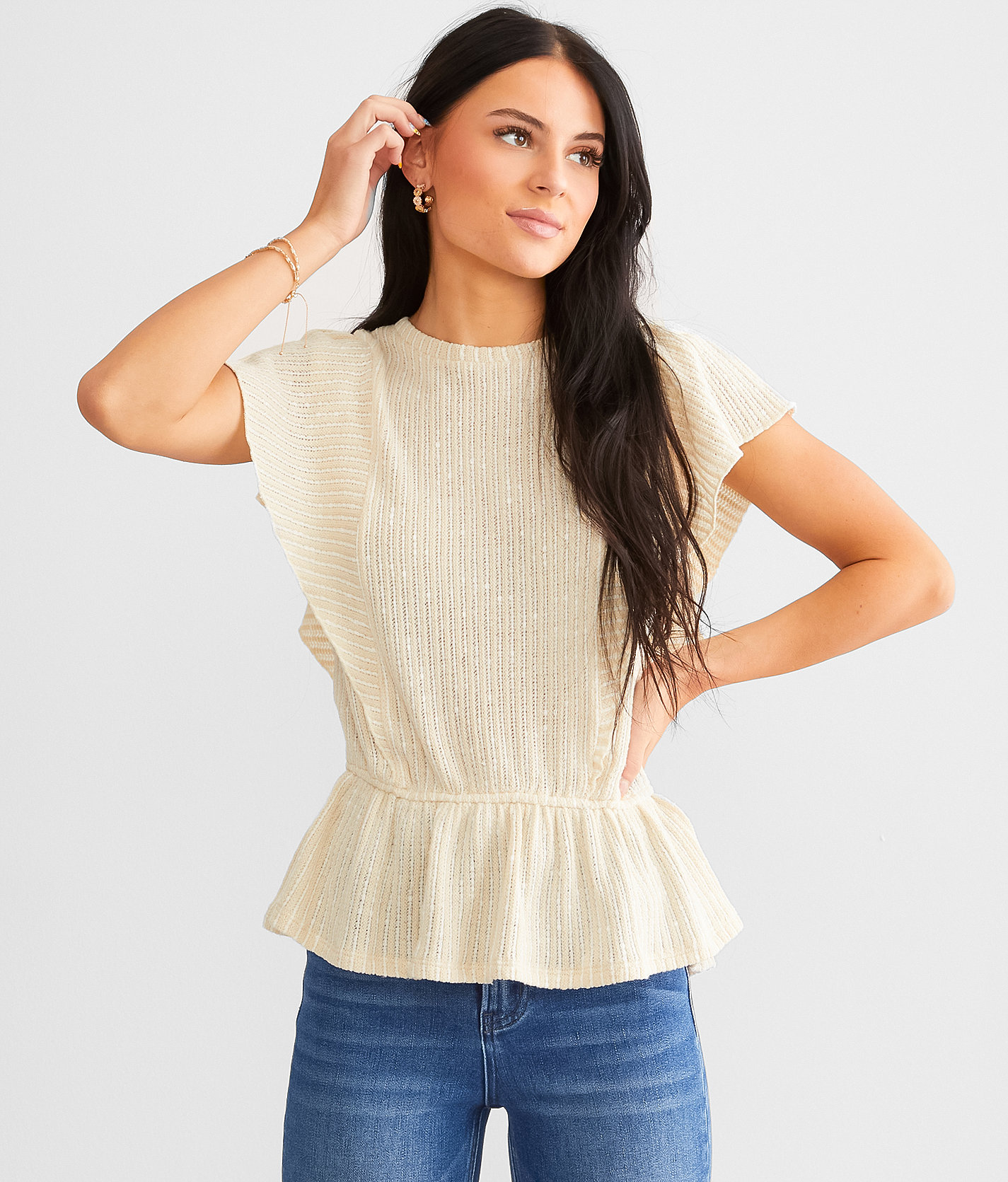 Daytrip Flutter Peplum Top - Women's Shirts & Blouses in Cream Taupe