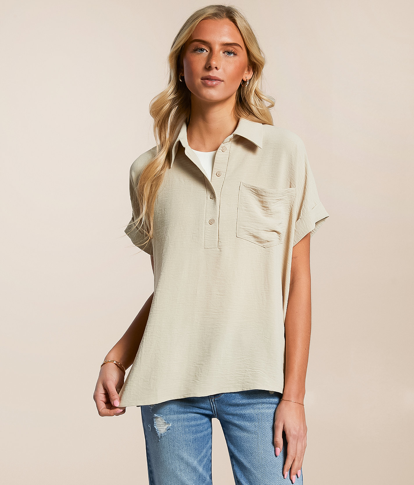 Daytrip Collared Henley Blouse - Women's Shirts & Blouses in Cement