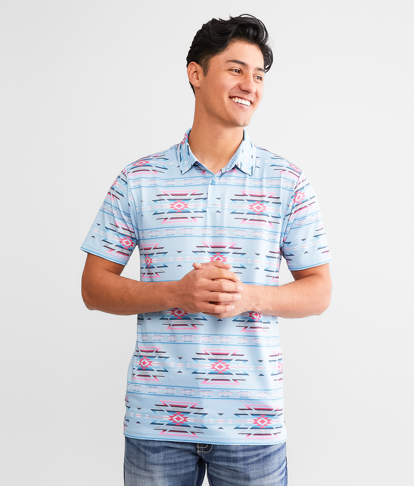 Departwest Southwestern Performance Polo - Men's Polos in Light Blue Aztec