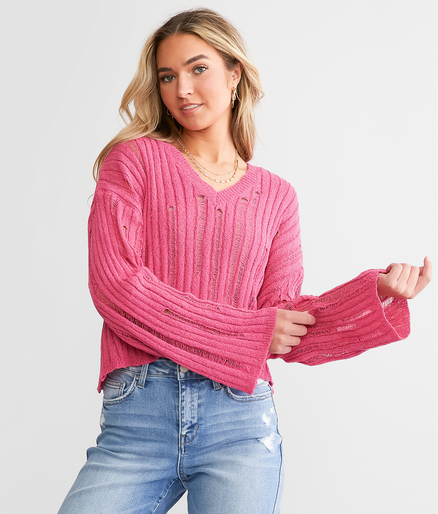 Willow & Root Destructed Boxy Cropped Sweater - Women's Sweaters in Fuchsia Purple