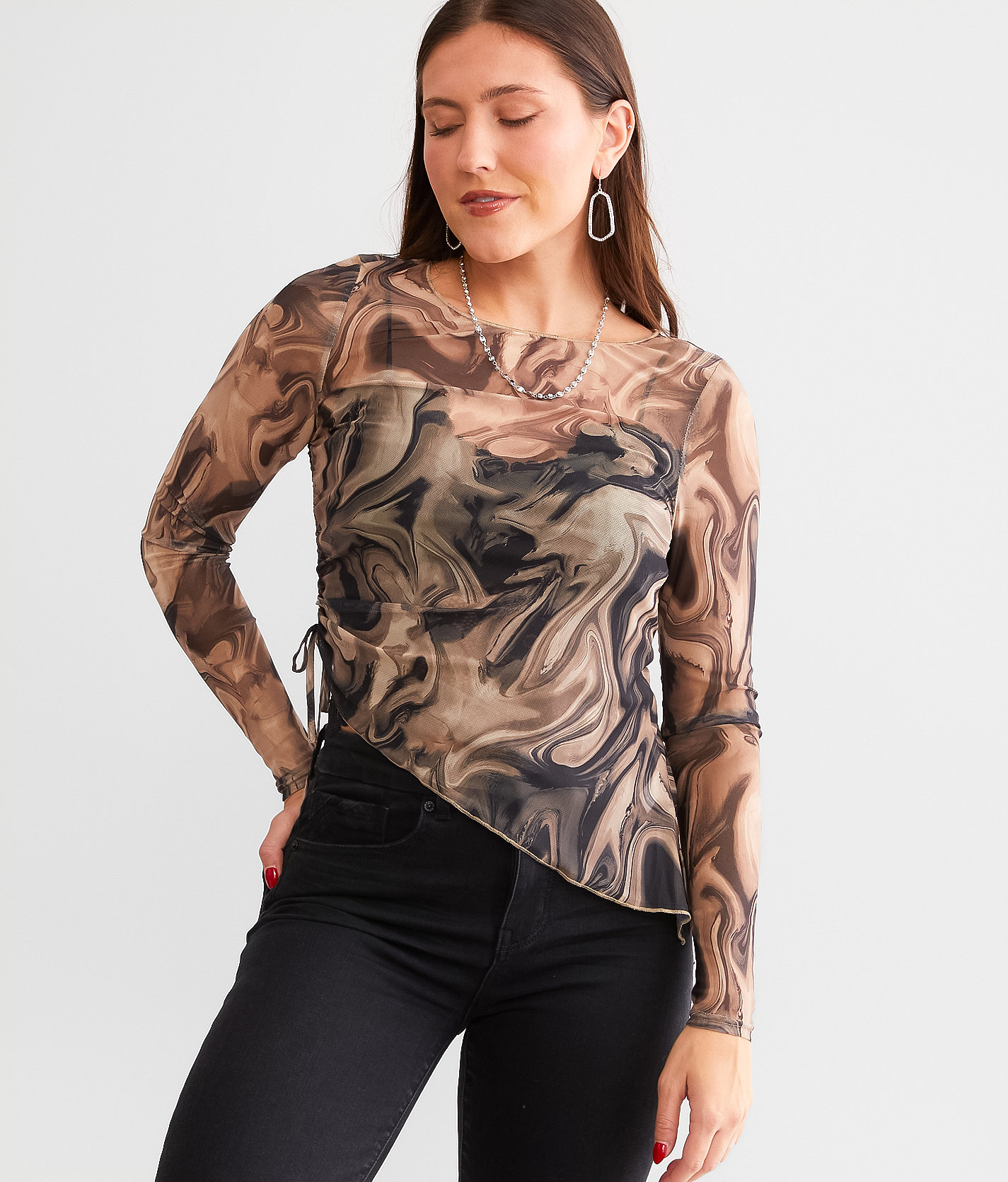 red by BKE Marble Print Mesh Top - Women's Shirts & Blouses in Black Taupe