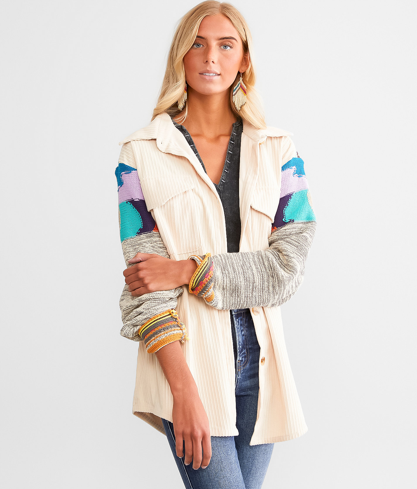 A. Peach Pieced Corduroy Oversized Shacket - Women's Coats & Jackets in Cream Multi