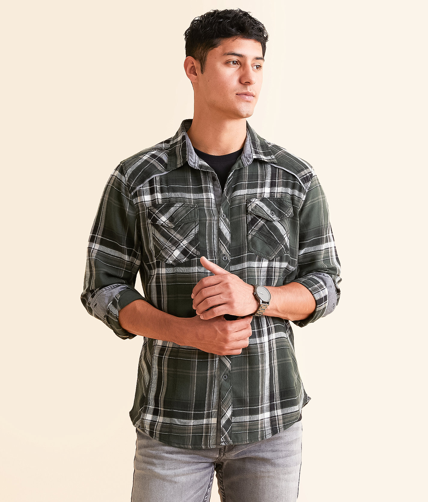 BKE Plaid Athletic Shirt - Men's Shirts in Dark Olive
