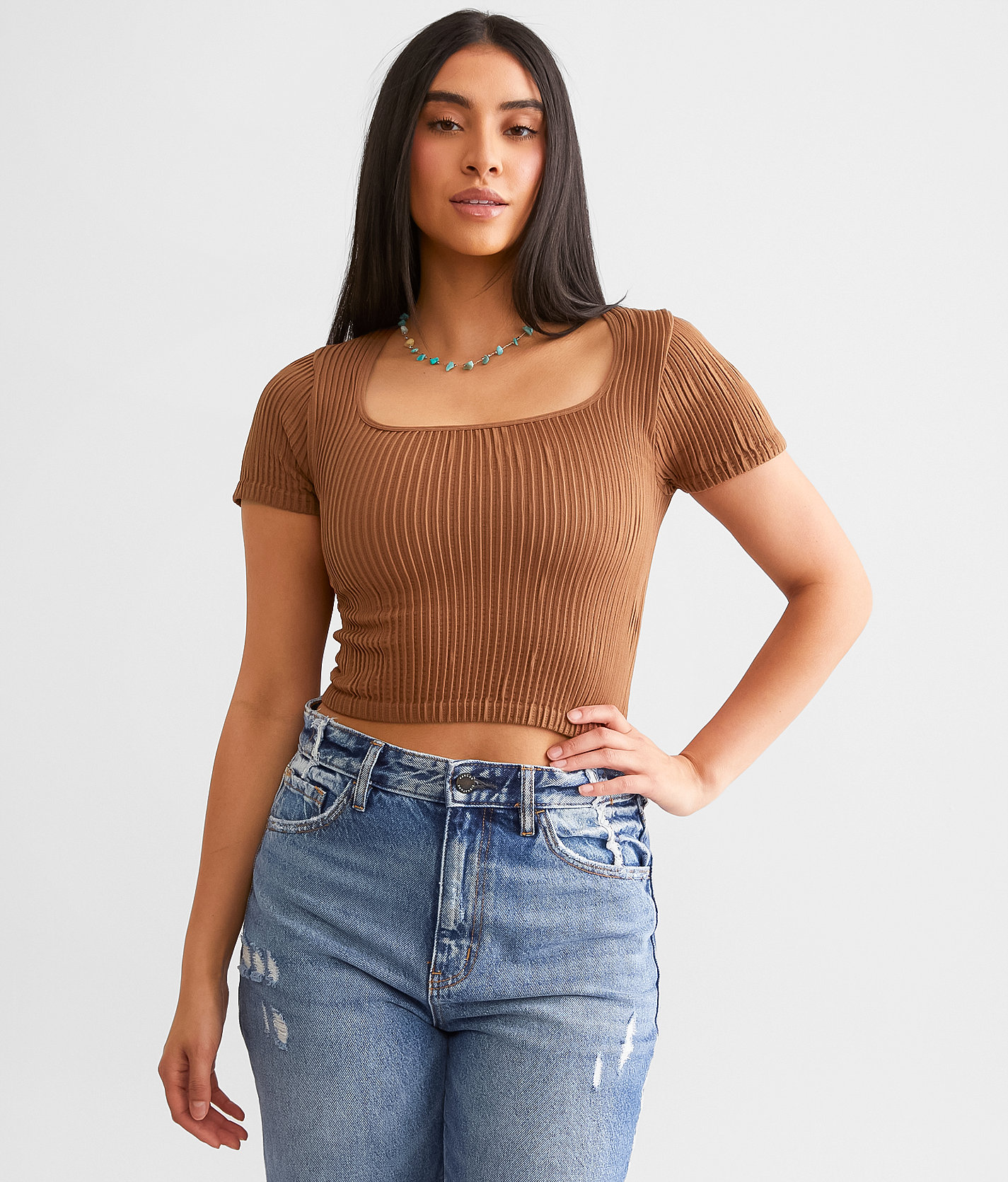 Freshwear Square Neck Stretch Top - Women's Shirts & Blouses in Carob Brown