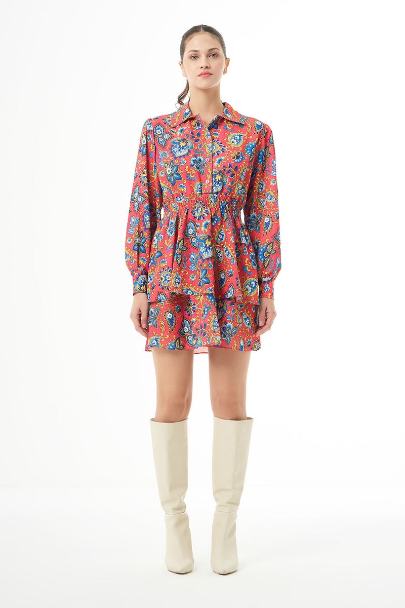 Long Sleve Flowy Mini Dress - Dress