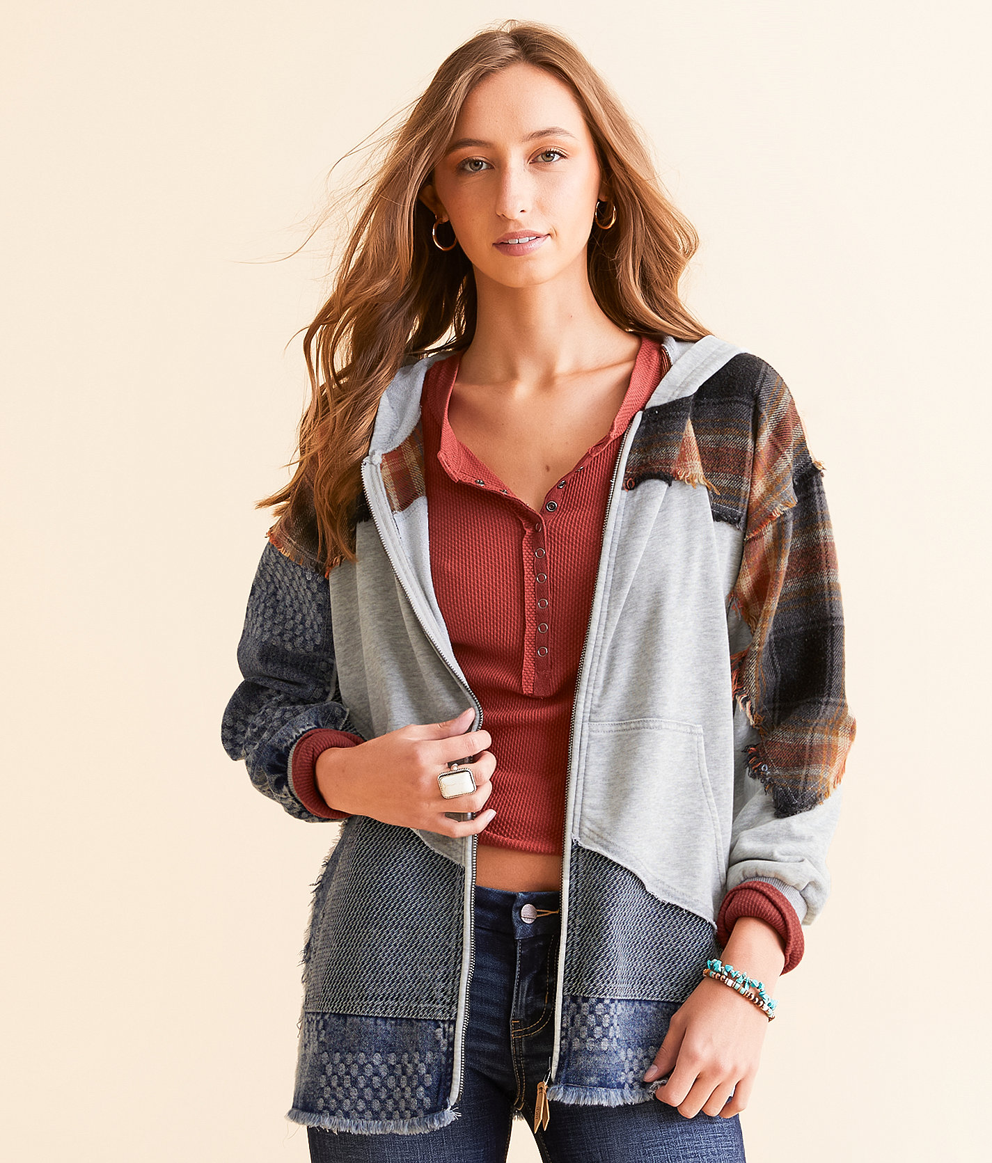 BKE Pieced Plaid Hoodie - Women's Sweatshirts in Heather Grey