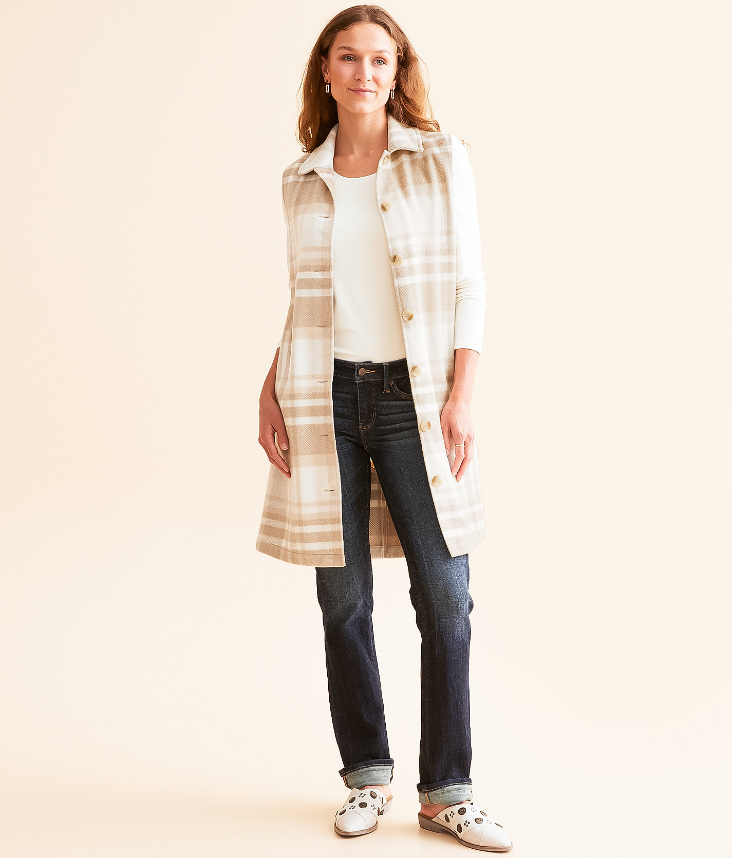 Open SZN Plaid Tunic Vest - Women's Coats & Jackets in Beige Off White