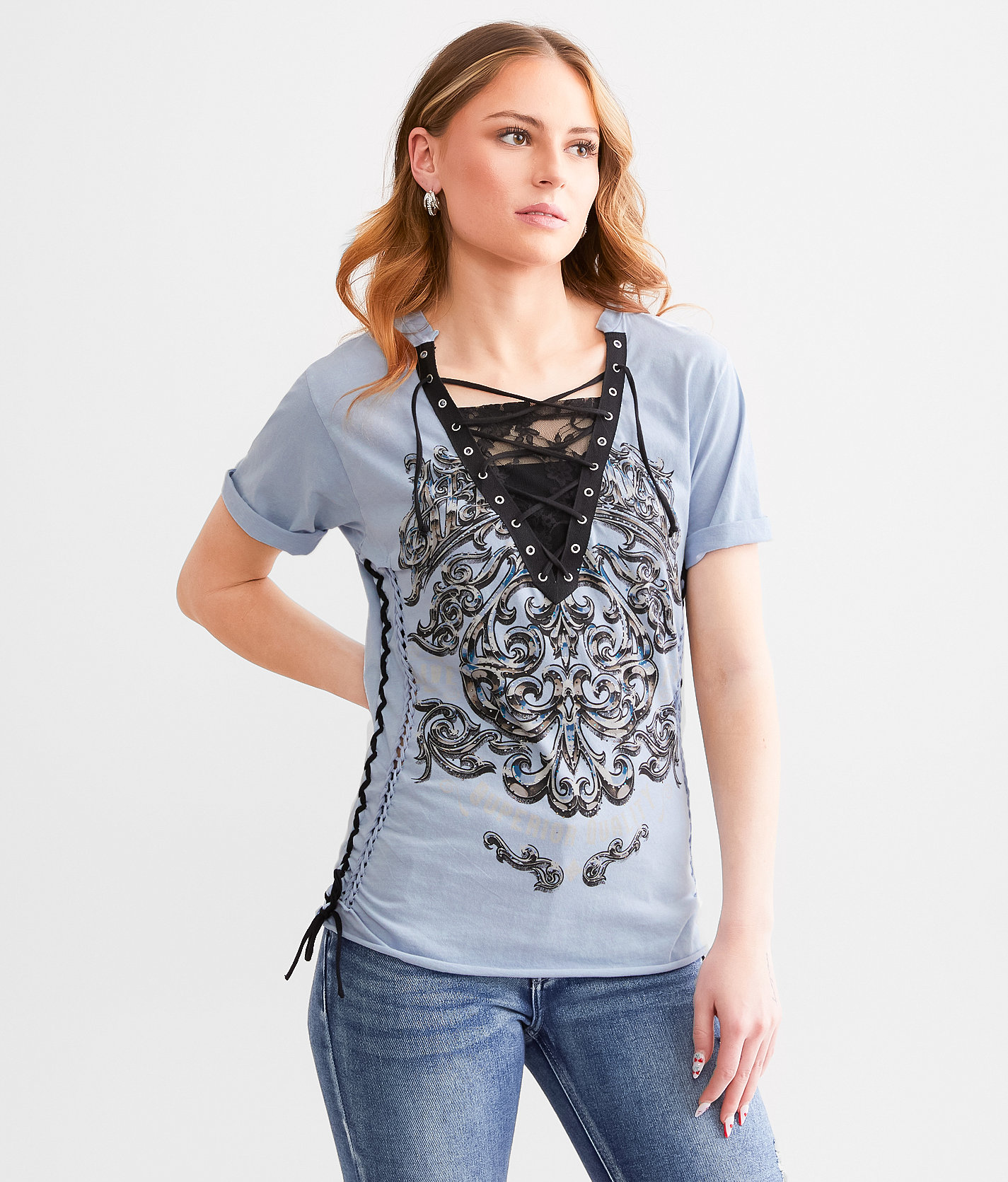 Affliction Feint Illusion T-Shirt - Women's T-Shirts in Ashley Blue Lava Wash