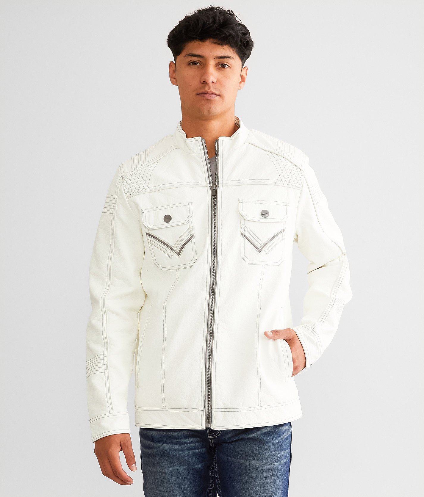 Buckle Black Faux Leather Distressed Jacket - Men's Coats & Jackets in White
