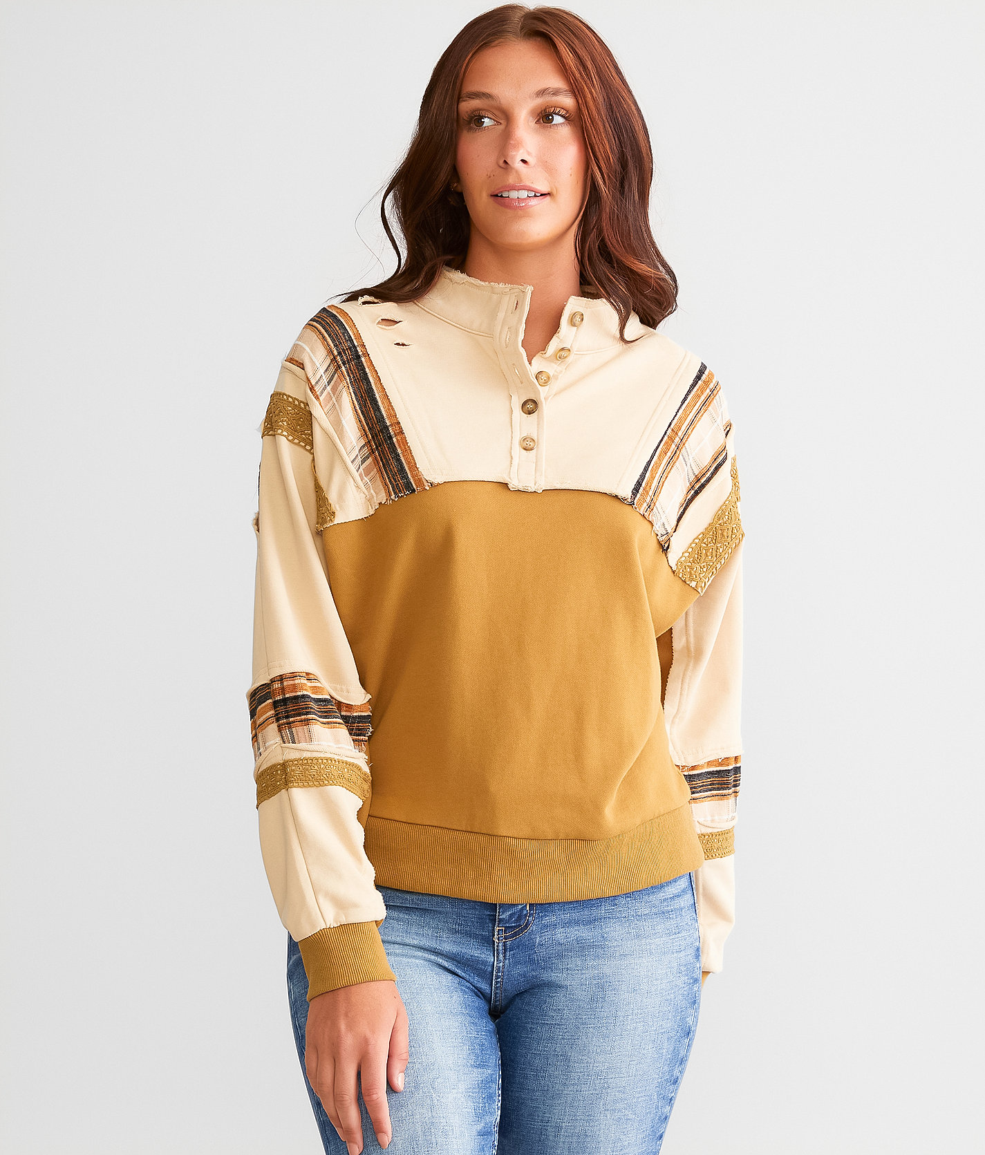 Miss Me Pieced Henley Pullover - Women's Sweatshirts in Camel Brown