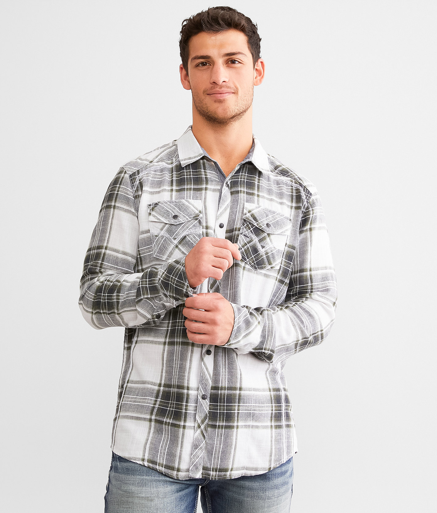 BKE Plaid Athletic Shirt - Men's Shirts in White Green Black
