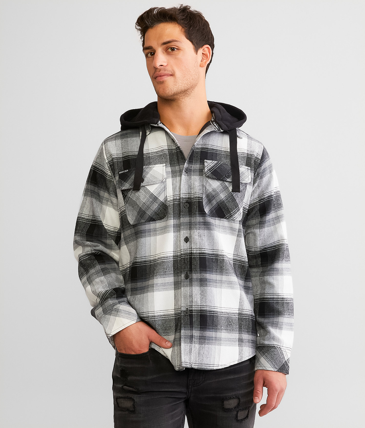 Howitzer Defend Hooded Flannel Shacket - Men's Coats & Jackets in Black White