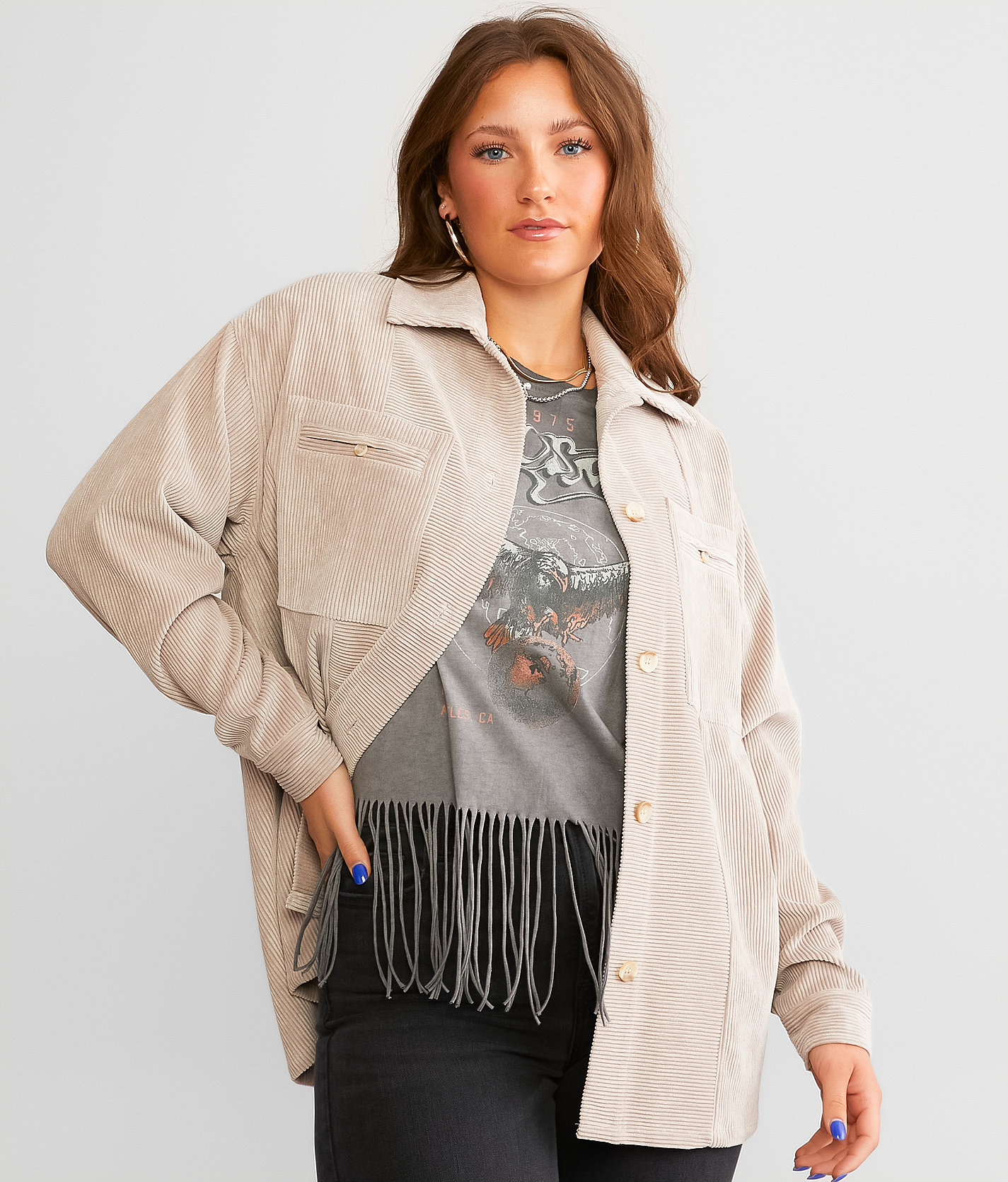 BKE Oversized Corduroy Shacket - Women's Coats & Jackets in Taupe