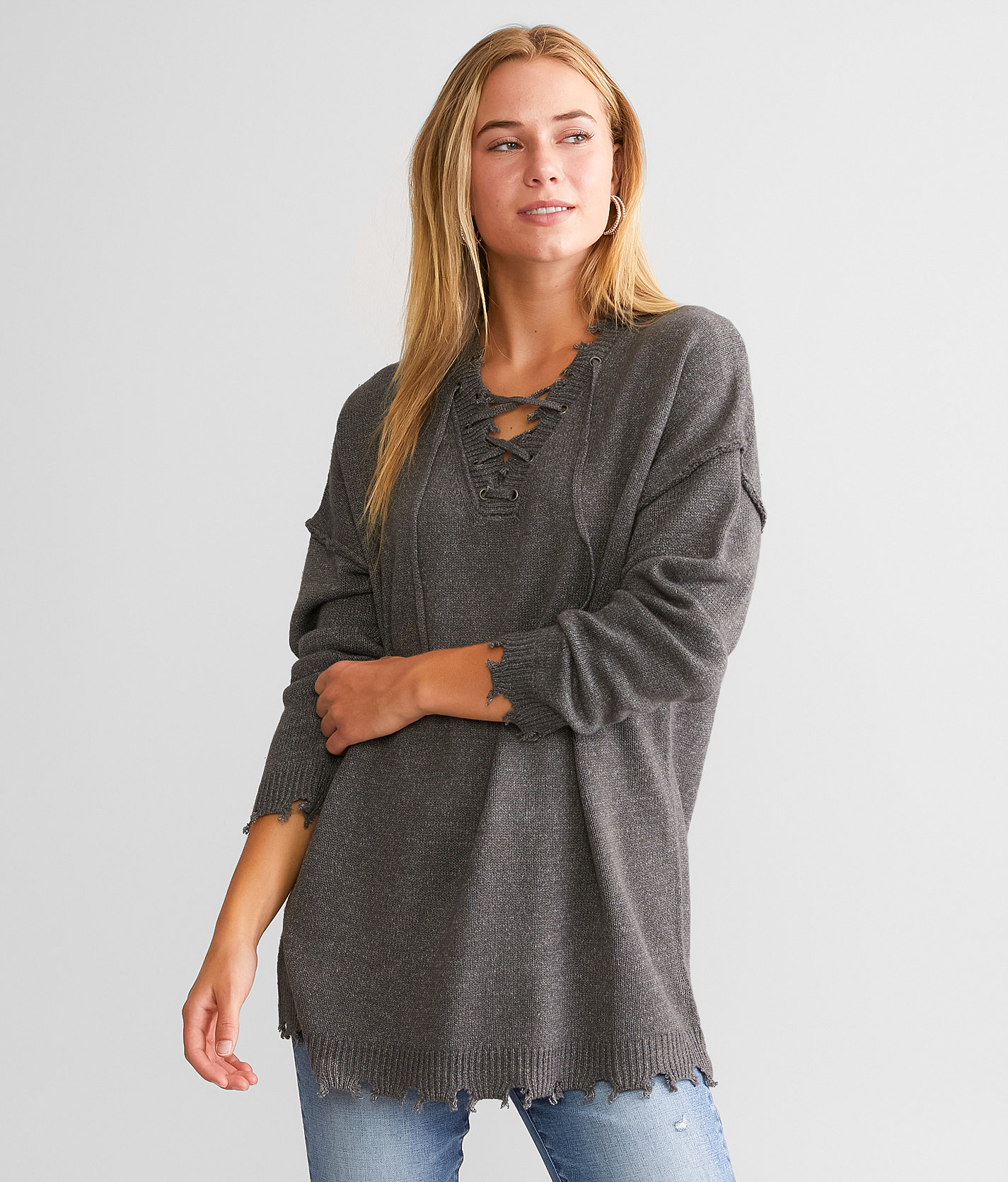 Daytrip Destructed Sweater - Women's Sweaters in Charcoal Grey