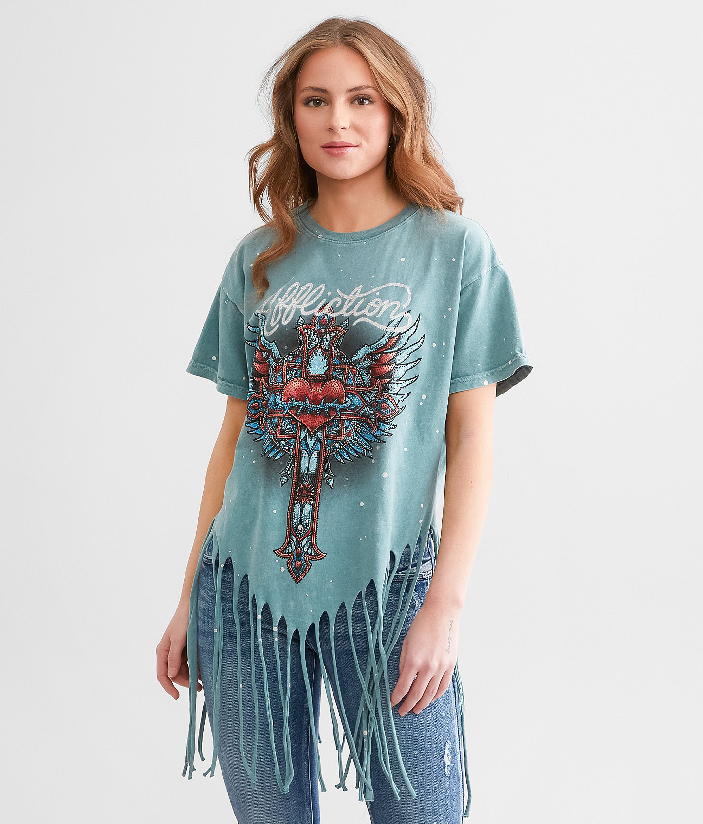 Affliction Rosary Fringe T-Shirt - Women's T-Shirts in Trellis Lava Wash