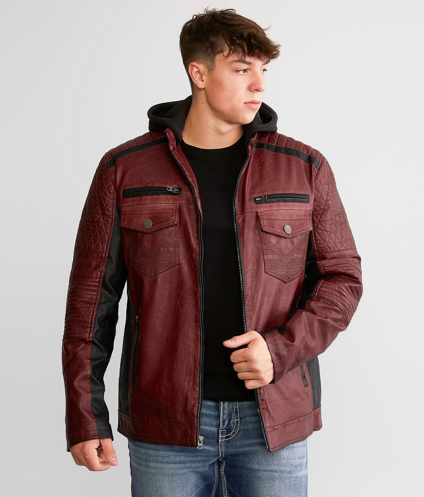Buckle Black Color Block Moto Hooded Jacket - Men's Coats & Jackets in Brown Black