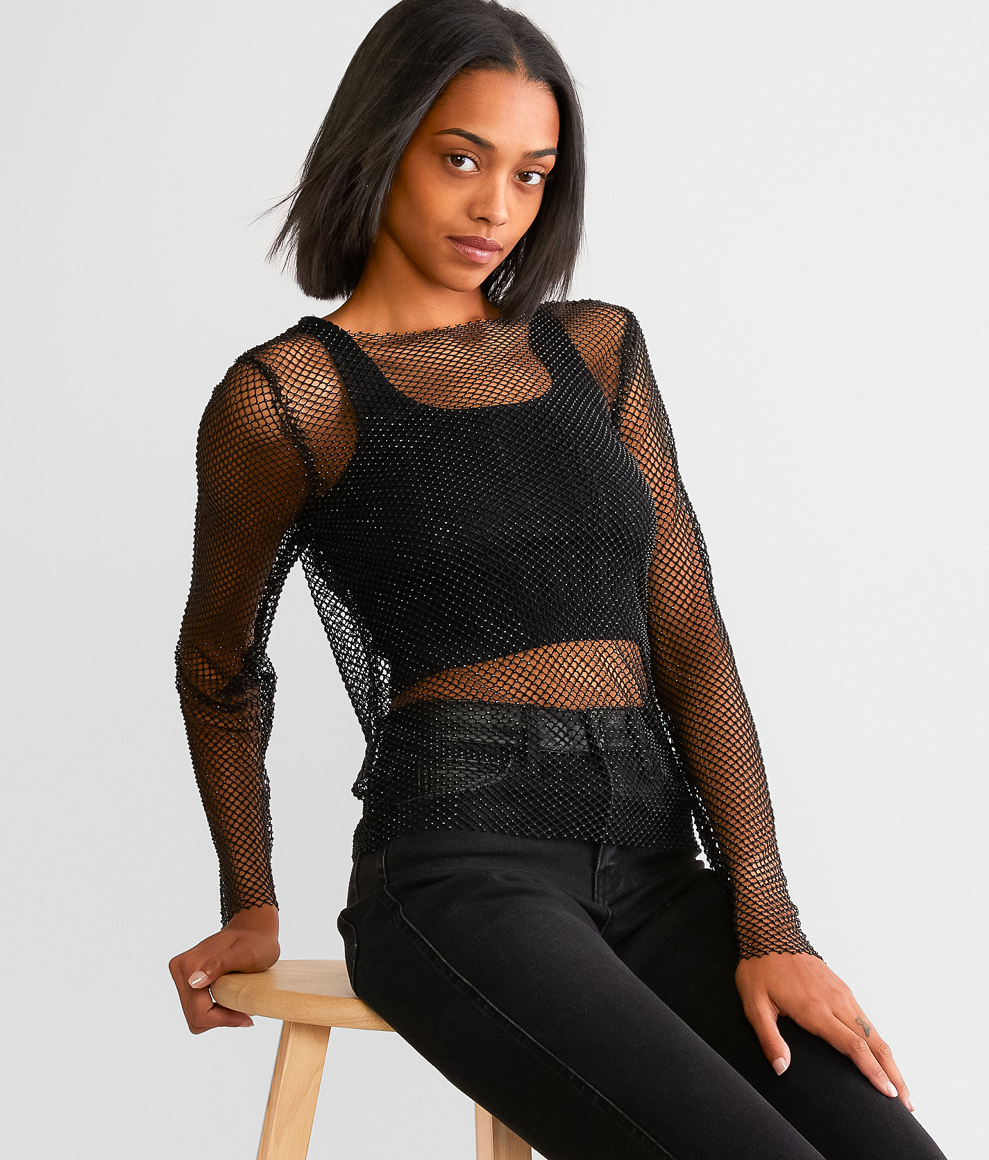 Retroluxe Rhinestone Mesh Top - Women's Shirts & Blouses in Black