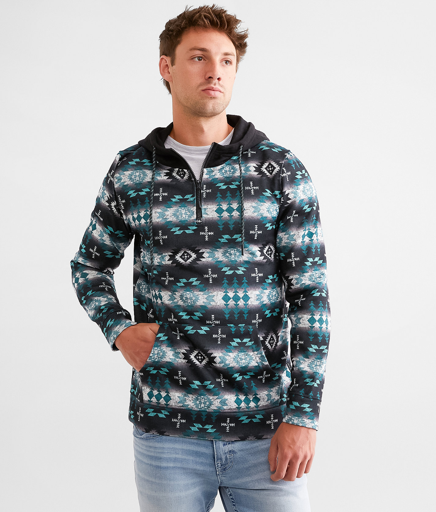 Departwest Soutwestern Quarter Zip Hooded Sweatshirt - Men's Sweatshirts in Jet Black