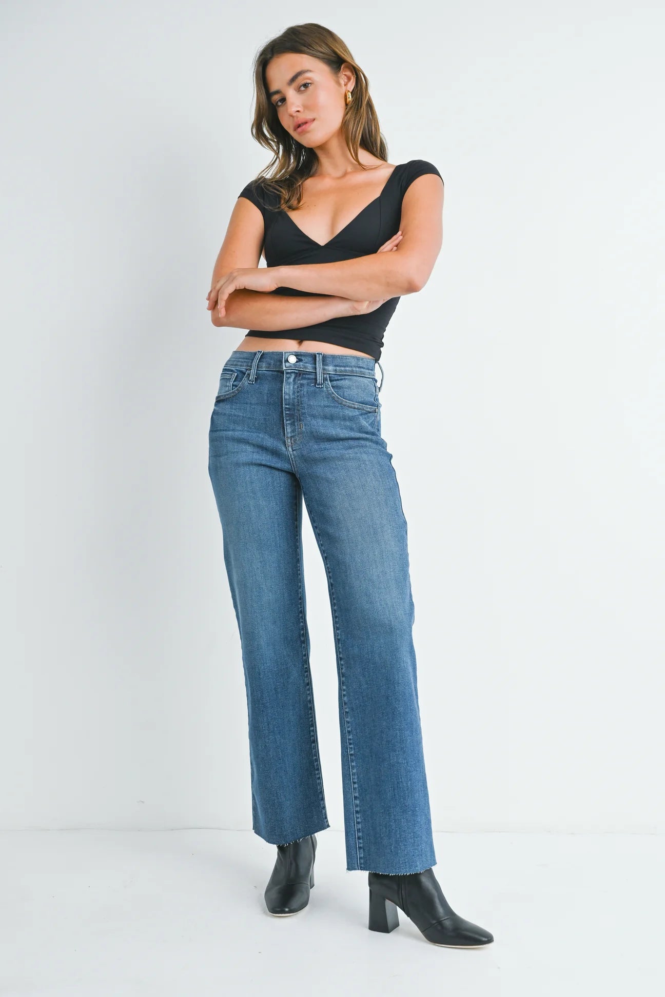 Slim Palazzo w/ Cut Hem Denim-Dark Wash