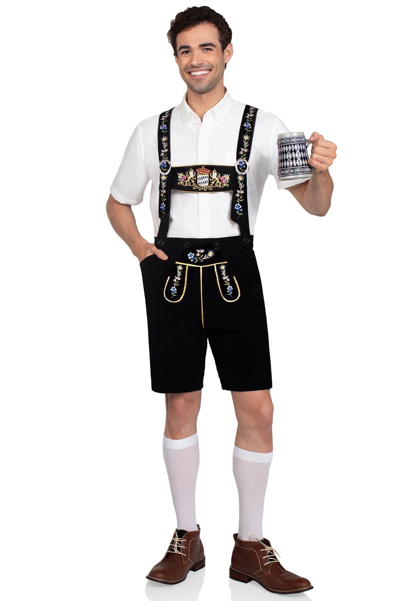 Bavarian Lederhosen Embroidered Stretch Velveteen, Bib Suspenders