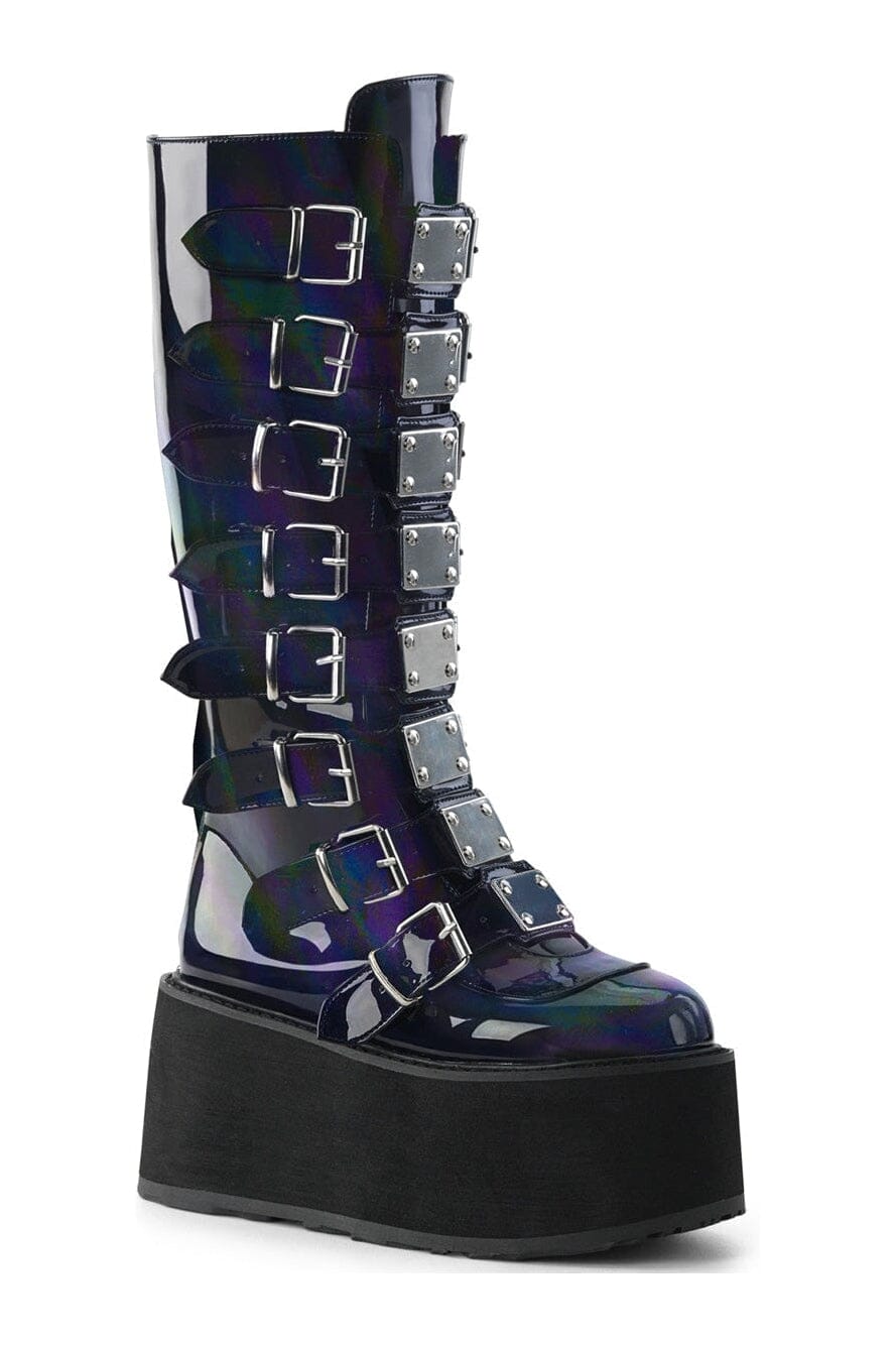 DAMNED-318 Black Hologram Patent Knee Boot