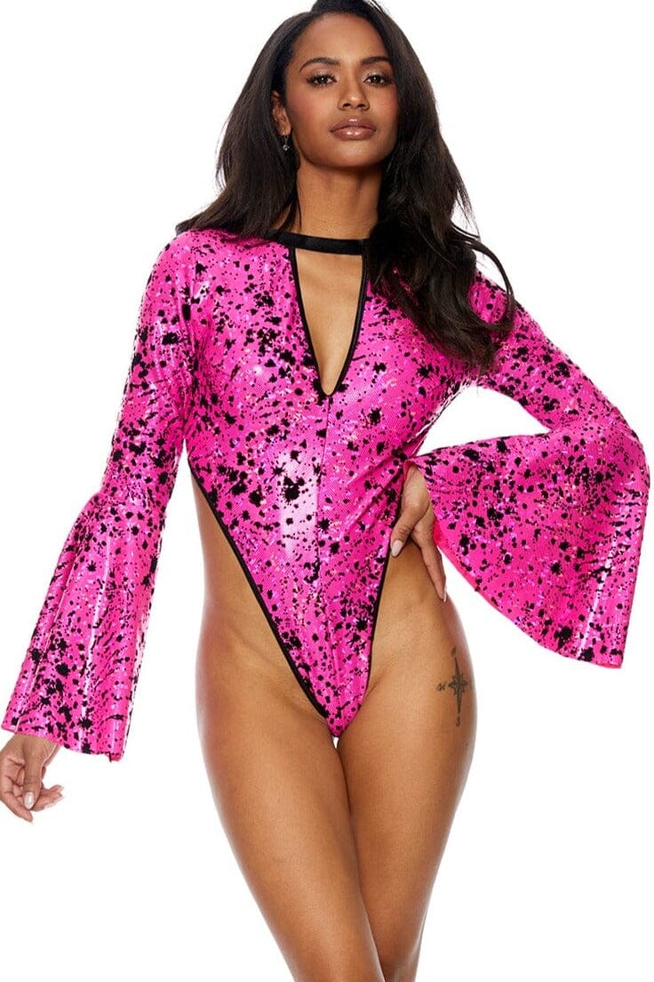 Flocked Hologram Flarred Sleeve Bodysuit
