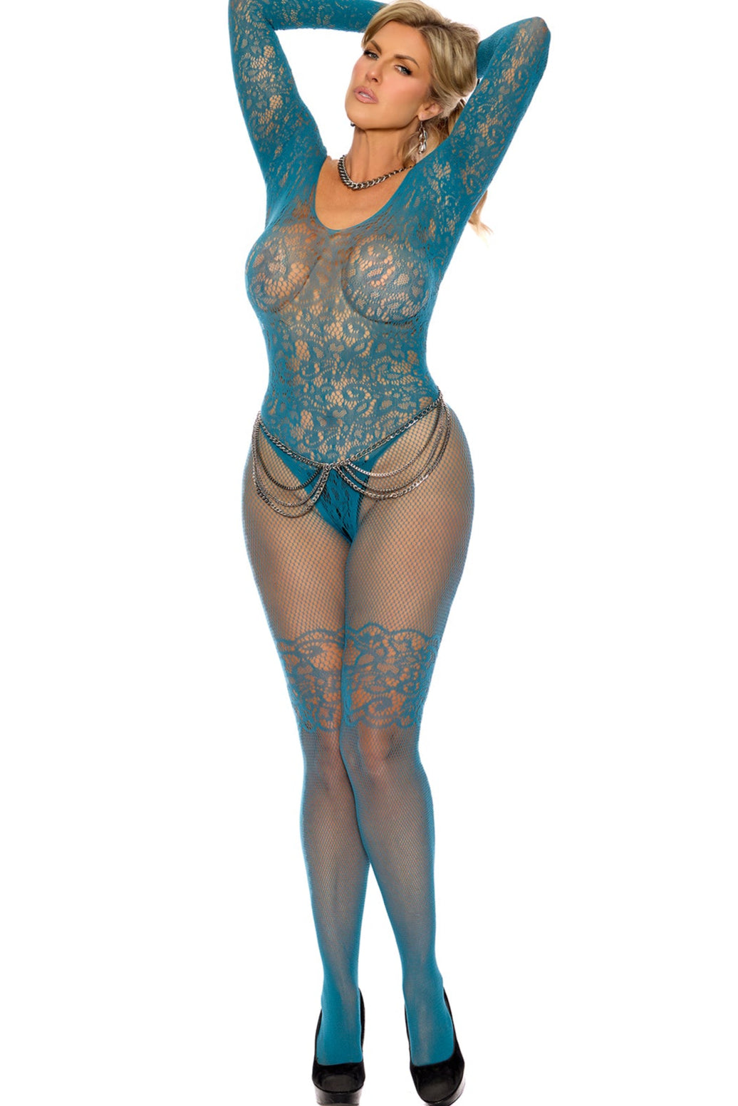 Fishnet and Lace Long Sleeve Bodystocking with Open Crotch