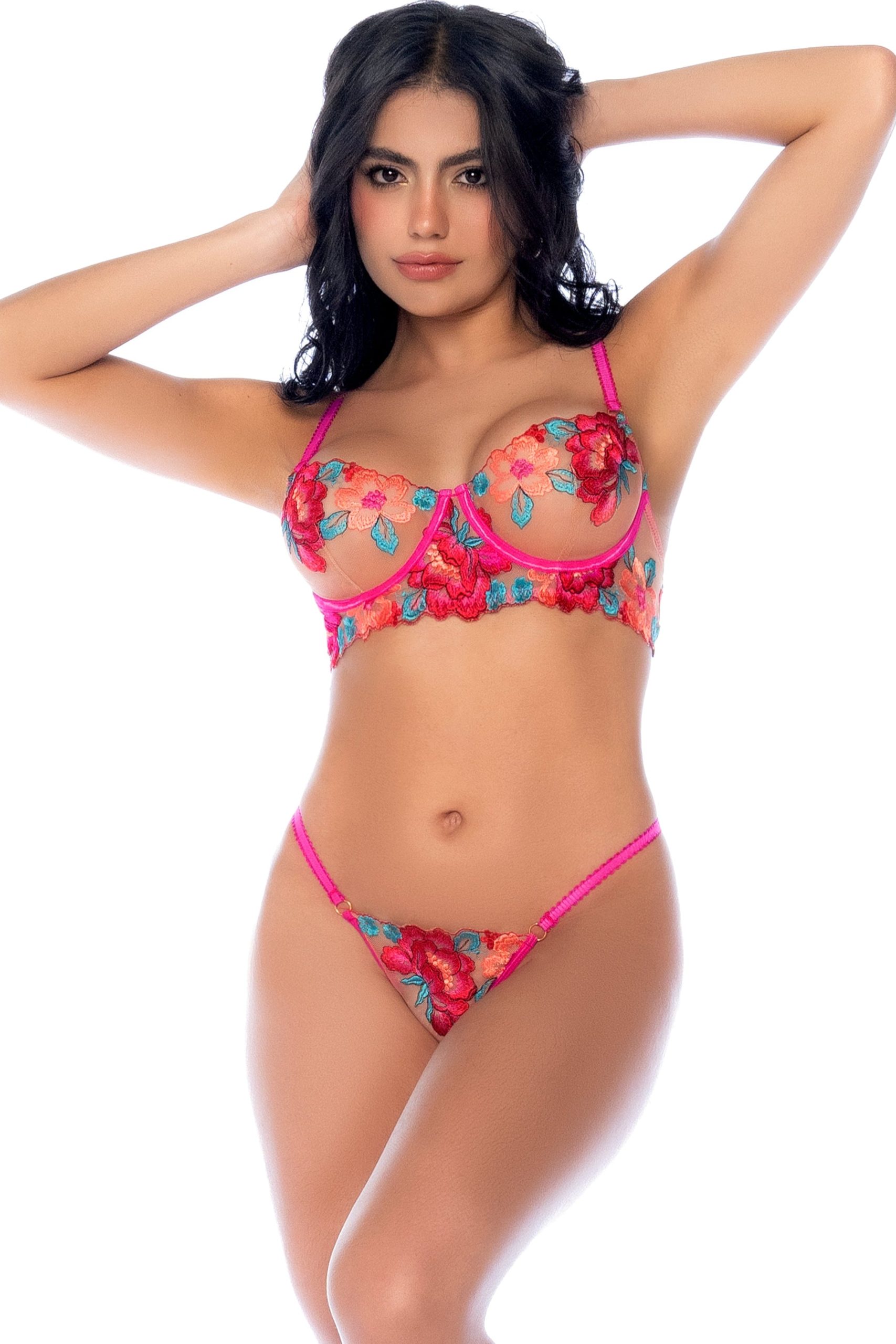 Floral Embroidered Mesh Lingerie Set