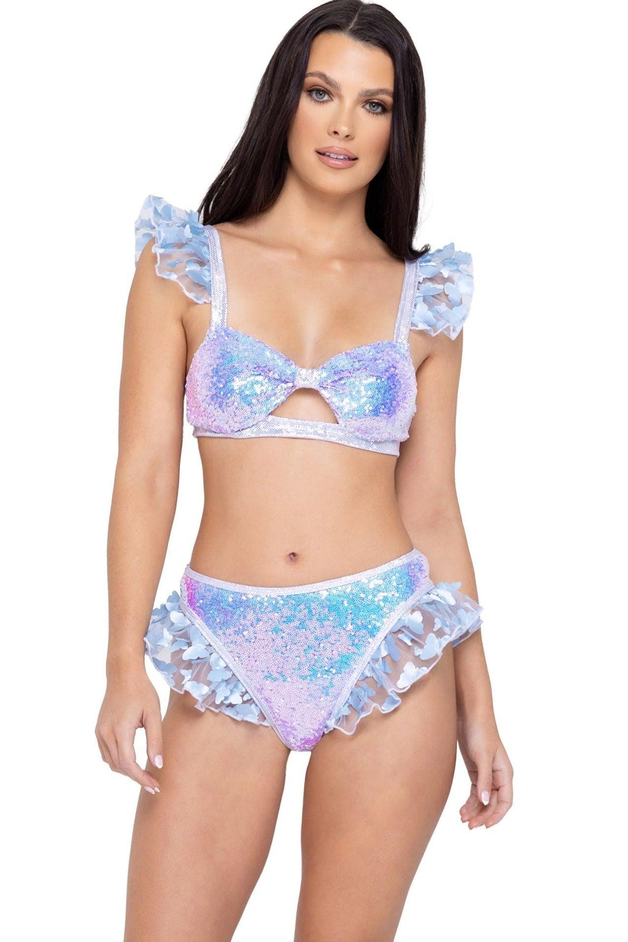 High-Waisted Sequin Shorts with Butterfly Ruffle Trim