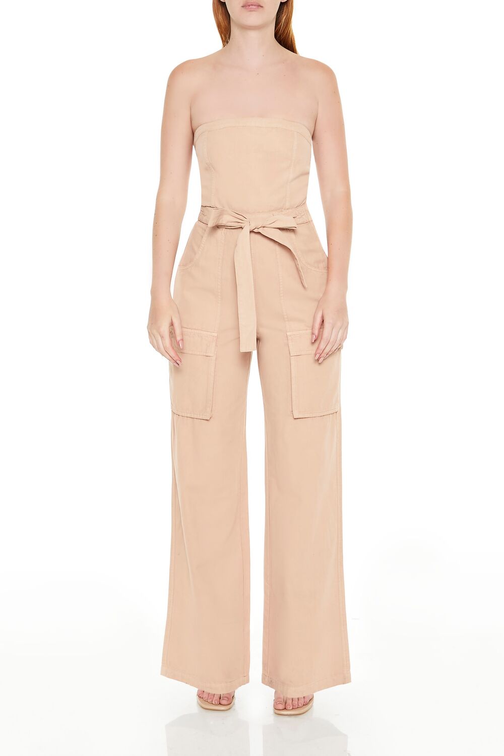 Strapless Tie-Front Cargo Jumpsuit