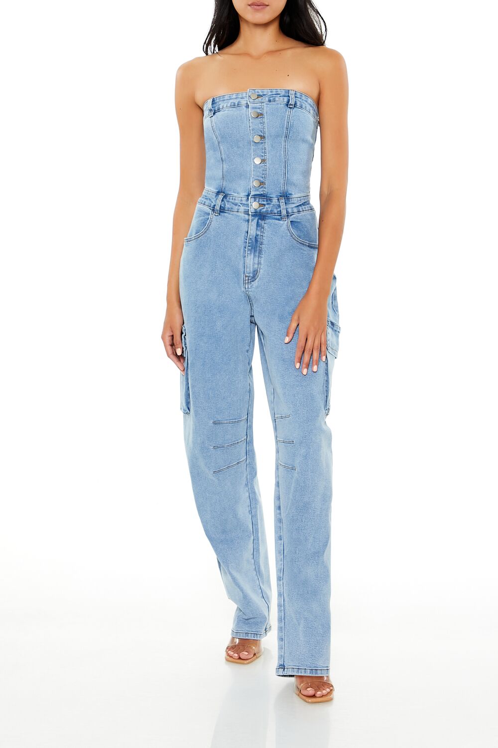Strapless Denim Cargo Jumpsuit