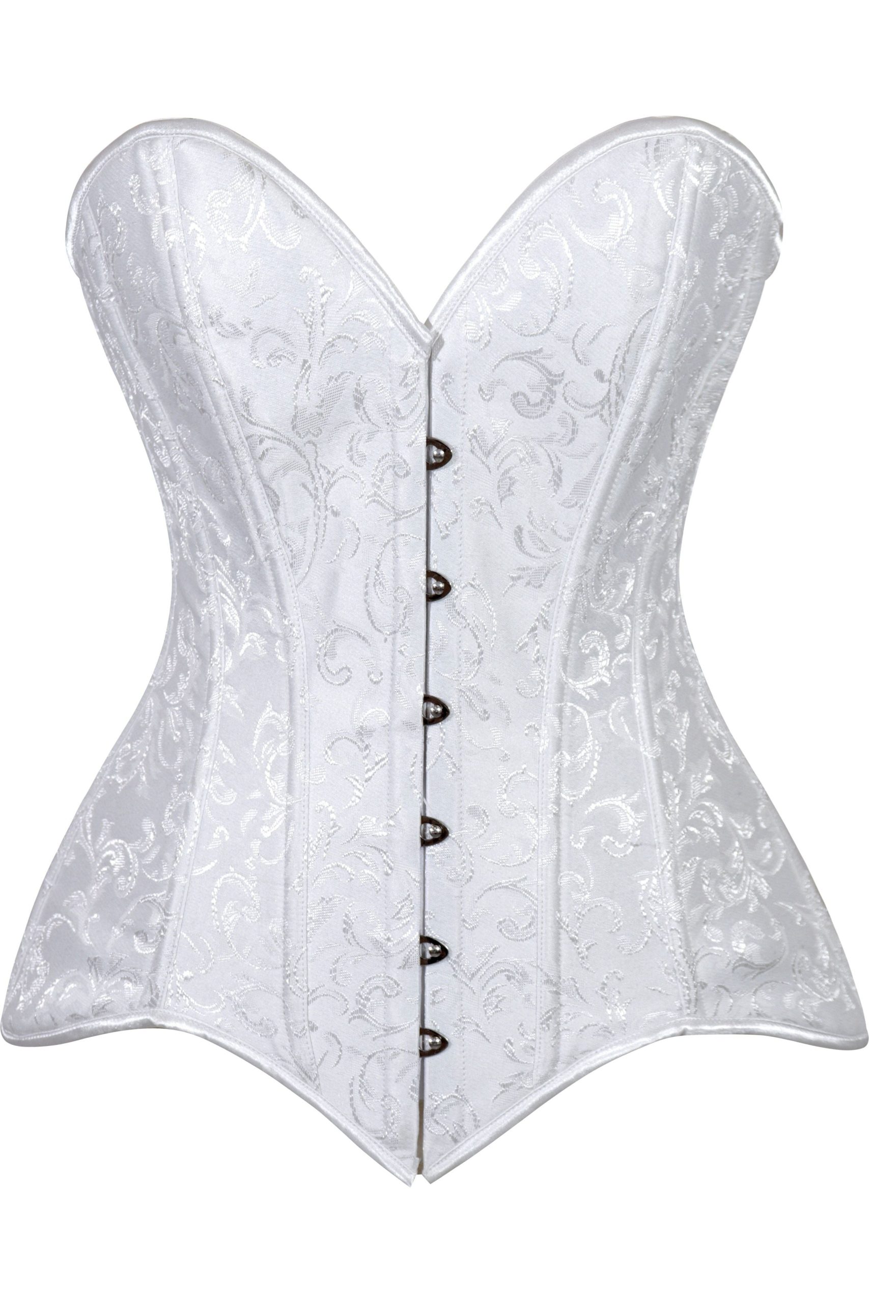 Lavish White Brocade Overbust Corset W/Busk Closure