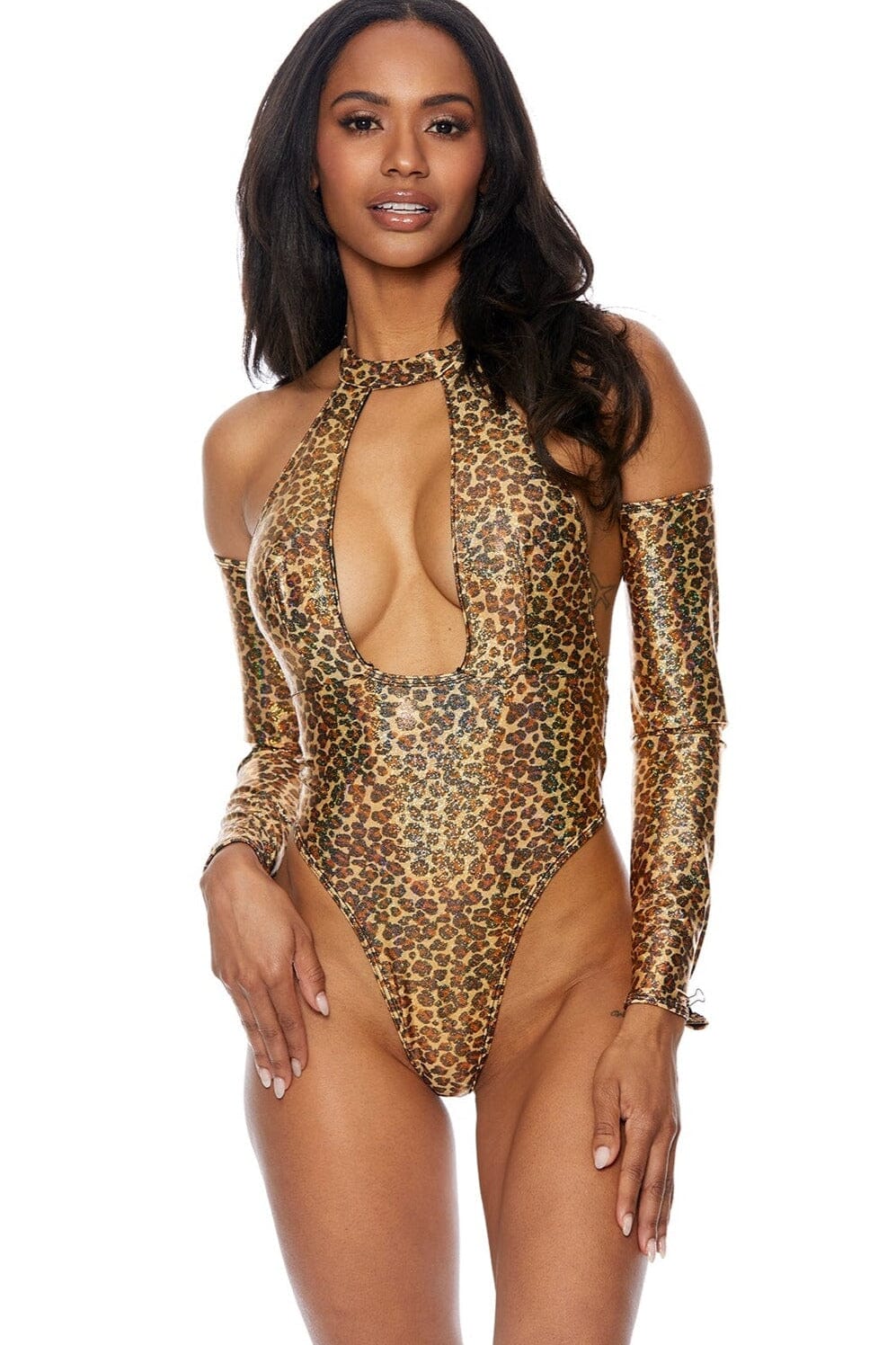Leopard Print Hologram Deep Plunge Bodysuit