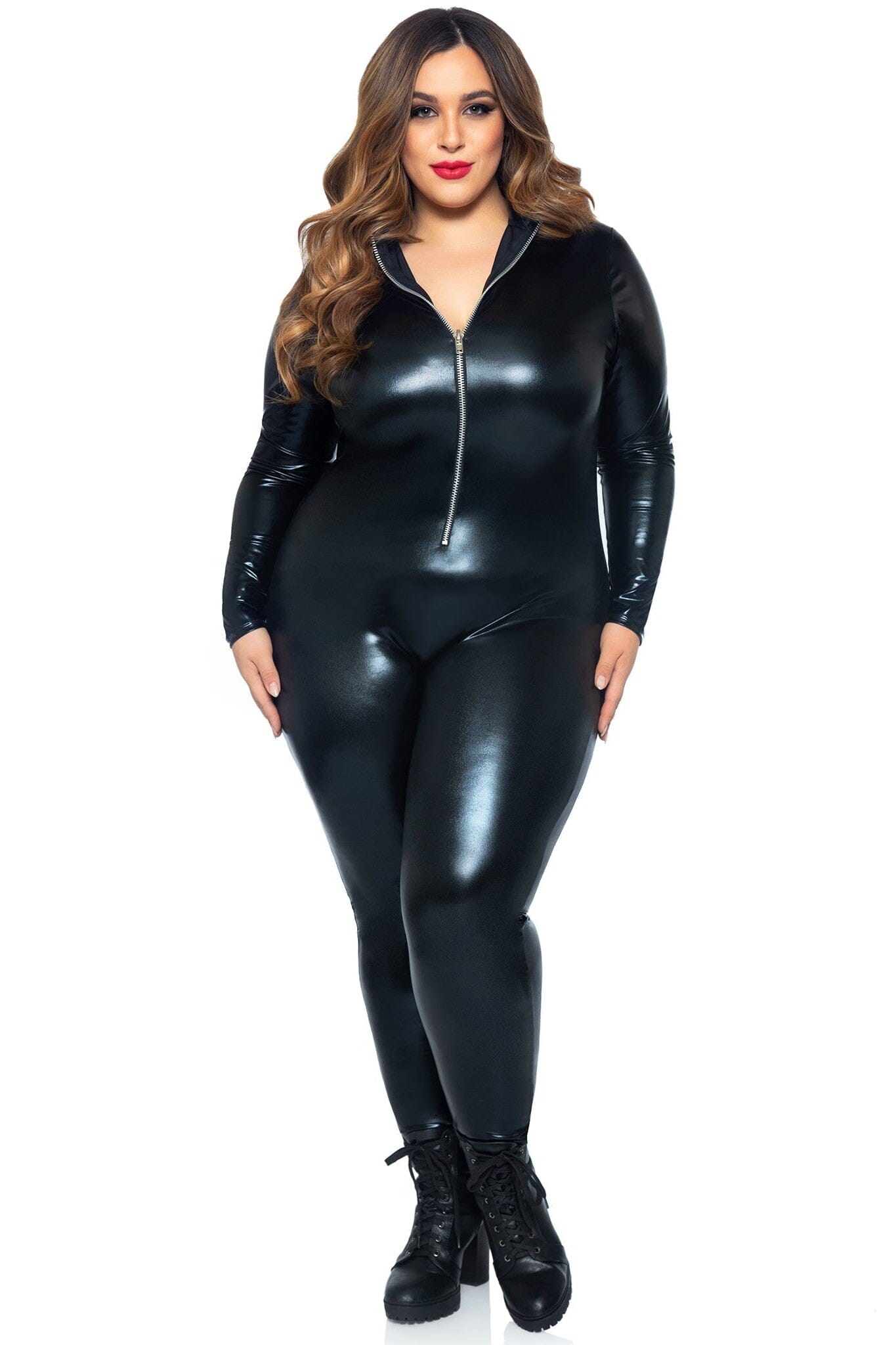 Plus Size Wet Look Leather Catsuit