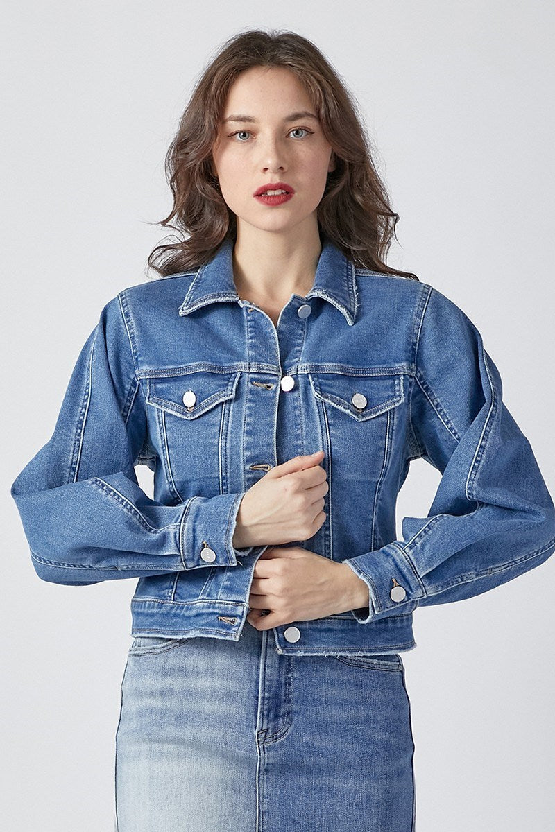 Balloon Sleeve Denim Jacket-Medium Wash