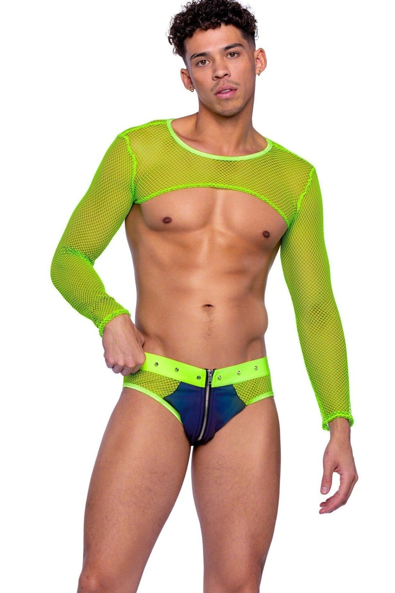 Reflective & Fishnet Briefs with Zipper Closure & Stud Detail