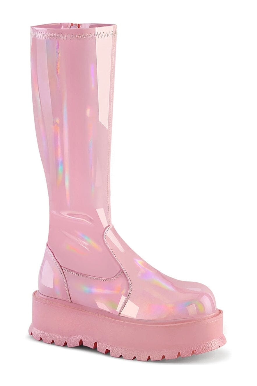 SLACKER-200 Pink Hologram Patent Knee Boot