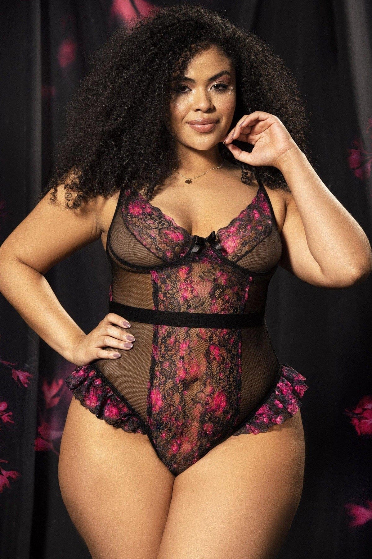 SS-Plus Size Floral Print Mesh Side Teddy
