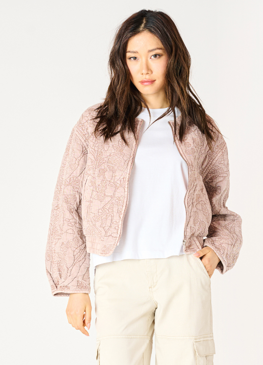 Floral Quilted Bomber Jacket-Rose