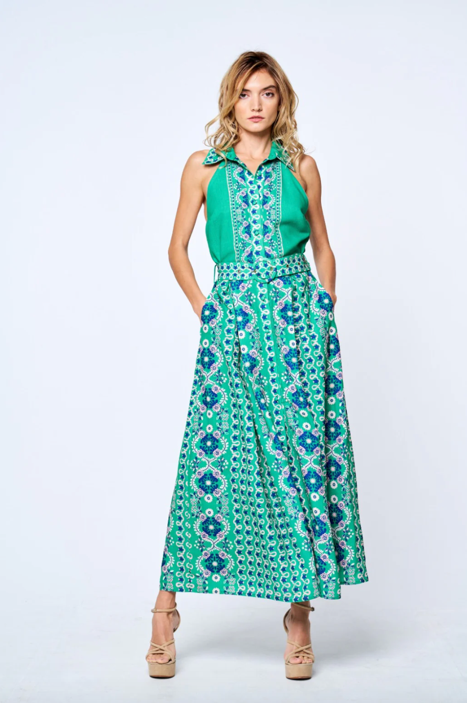 Ciebon Collared Halter Maxi Dress-Green