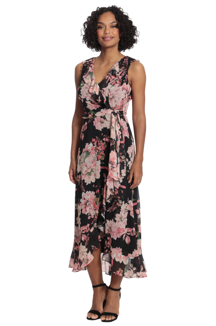 Floral Wrap Maxi Dress-Black