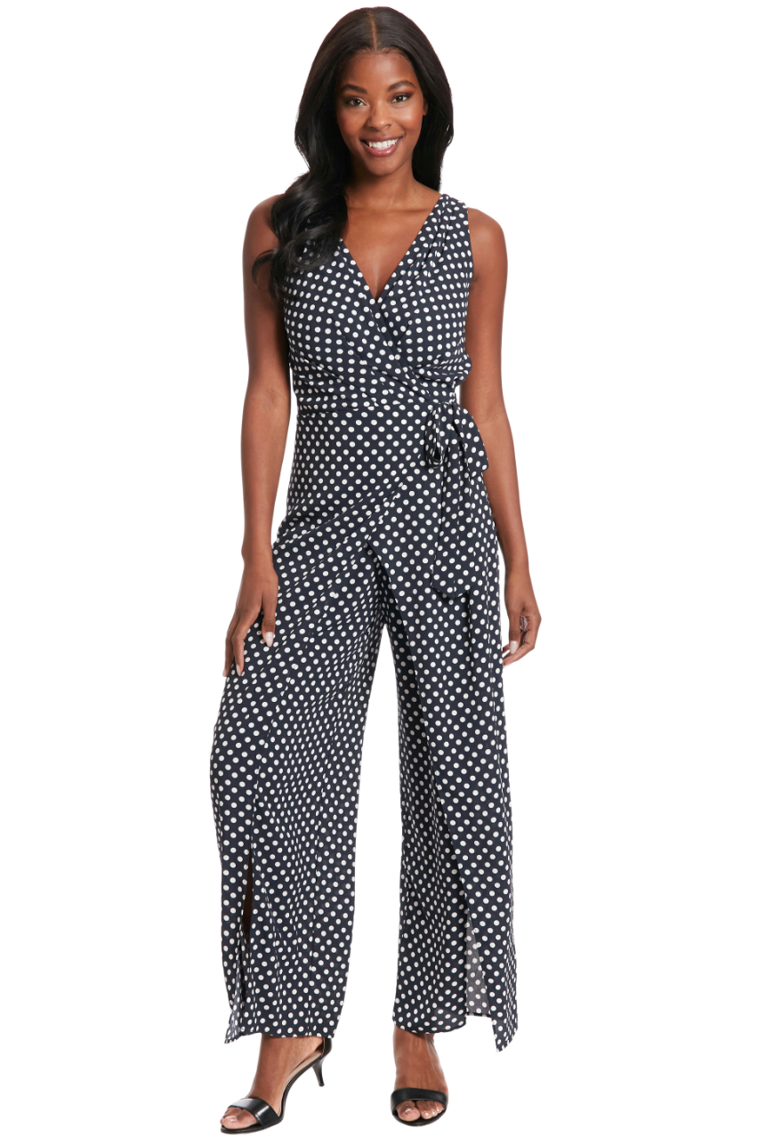 Polka Dot Wrap Jumpsuit-Navy