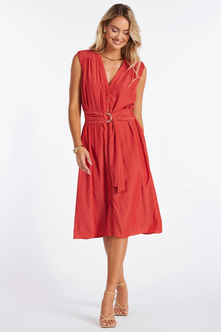 Satin Belted Dress-Hibiscus