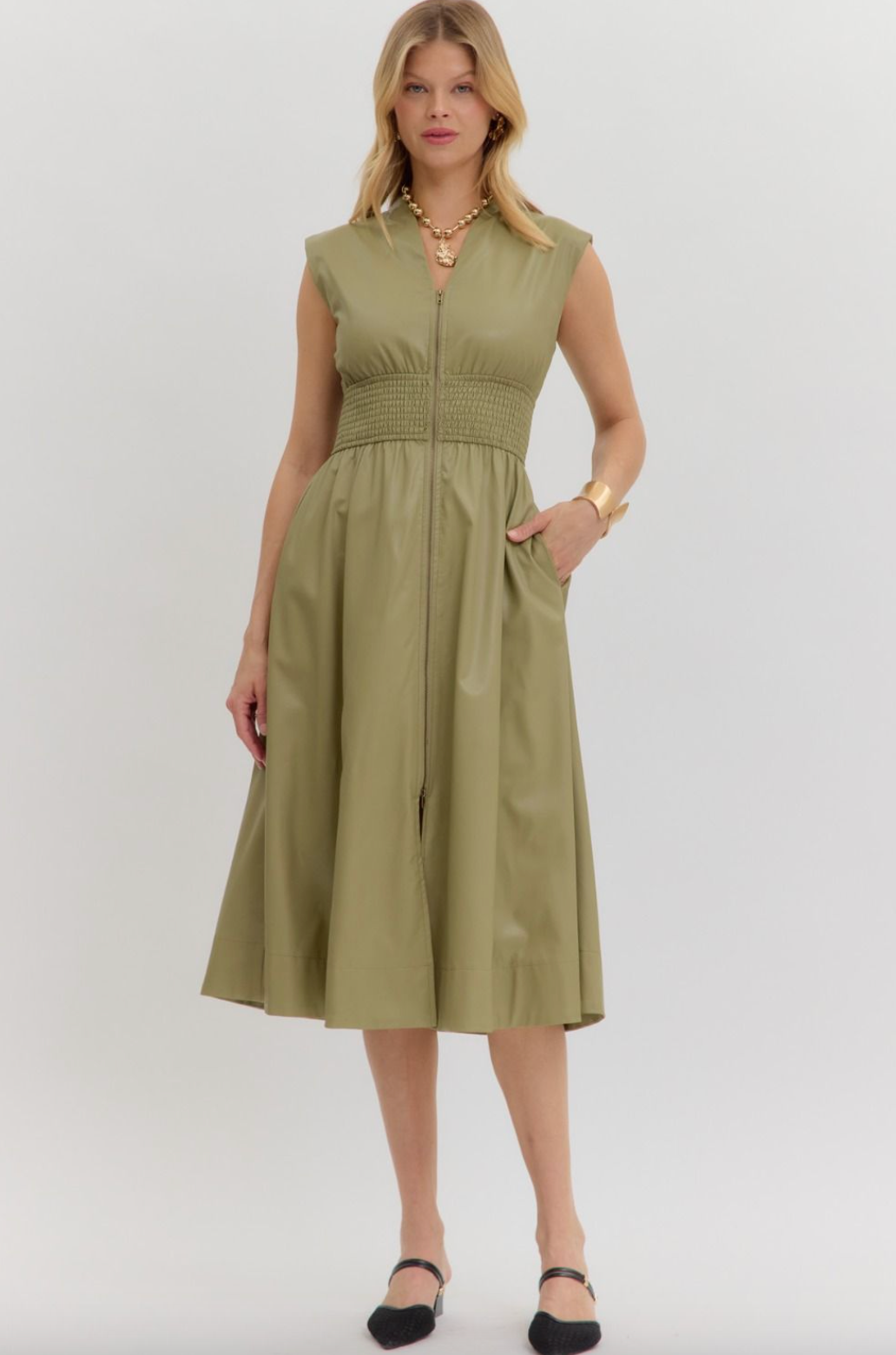 Faux Leather Zip front Dress-Sage